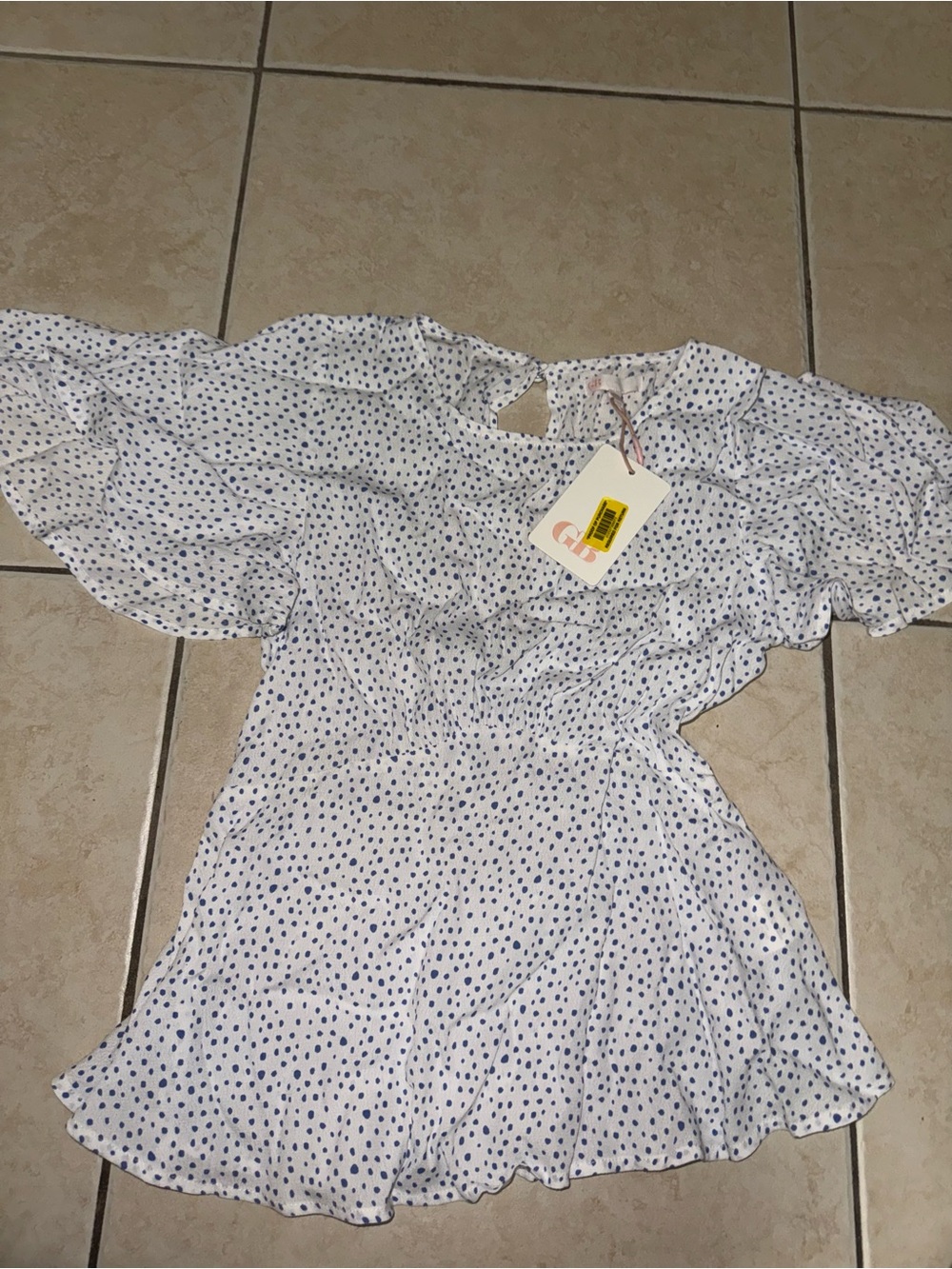 White & Navy Polka Dot blouse